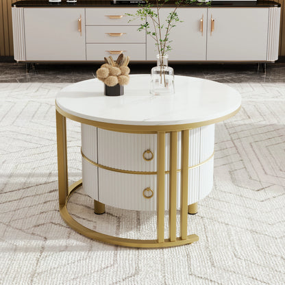 Salontafel - Set Van 2 Bijzettafels – Opbergtafel – Nachtkastje – Moderne Tafels – Marmerpatroon – Gouden Frame - Wit