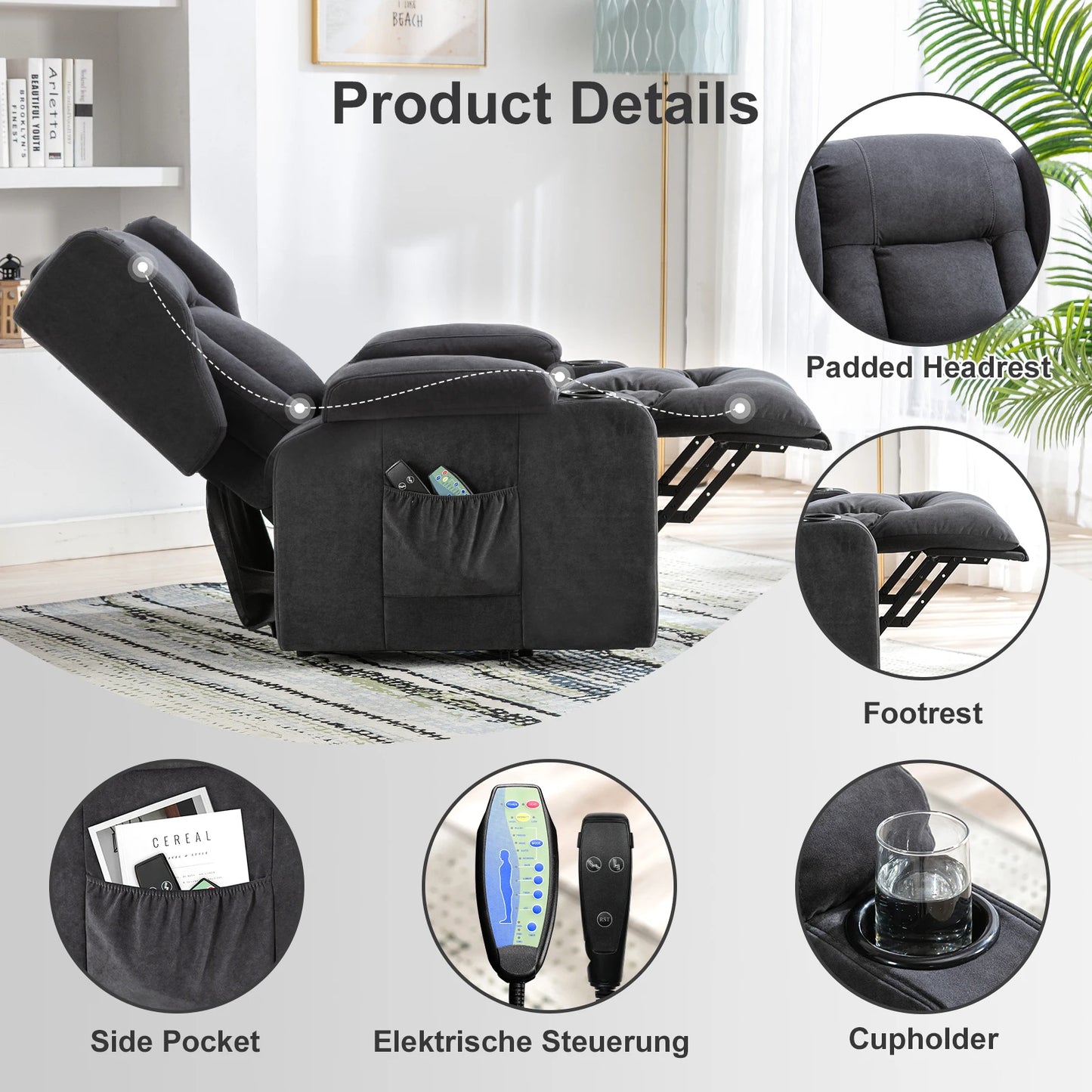 Elektrische Relaxfauteuil – Relaxstoel – Liftsysteem – Massagefauteuil – Verstelbare Rugleuning – Warmtefunctie – Draaglast 150 Kg - 75 x 83 x 100 cm - Grijs - QUORE