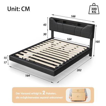 Led Bed – Gestoffeerd Bed – Opbergbed – Tweepersoonsbed – Bedframe – 160x200 cm – Pneumatisch Hefmechanisme – USB-C Oplaadpoort - QUORE