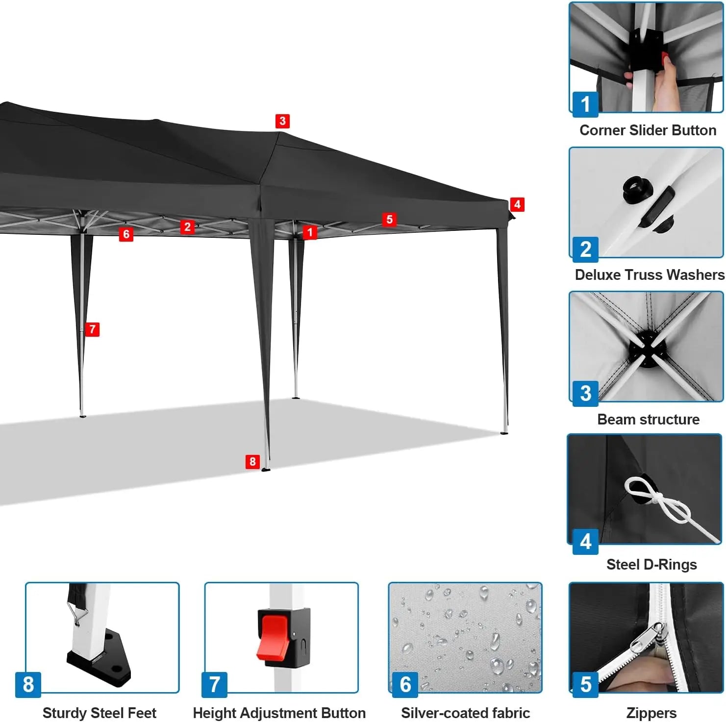 Partytent – Tent – Overkapping – Buitenluifel – 3x6 Meter – Waterdicht Oxford Doek – Verstelbaar Stalen Frame - Zwart - QUORE