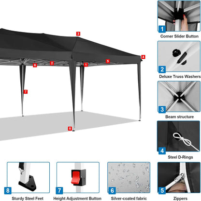 Partytent – Tent – Overkapping – Buitenluifel – 3x6 Meter – Waterdicht Oxford Doek – Verstelbaar Stalen Frame - Zwart - QUORE