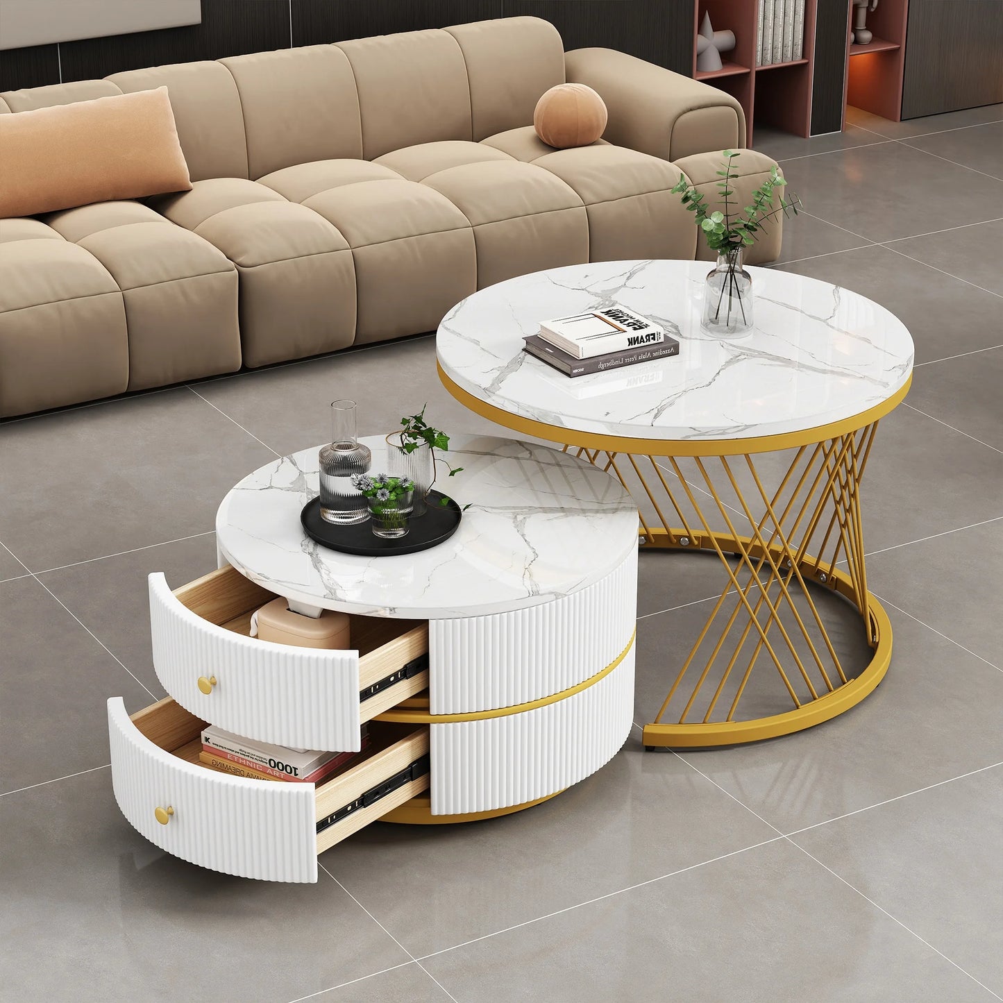 Salontafelset – Tafels – Salontafels – Woonkamertafels – Opbergtafels – Hoogglans Marmerlook – Twee Lades – Stevig Tot 30 Kg - Goud - QUORE