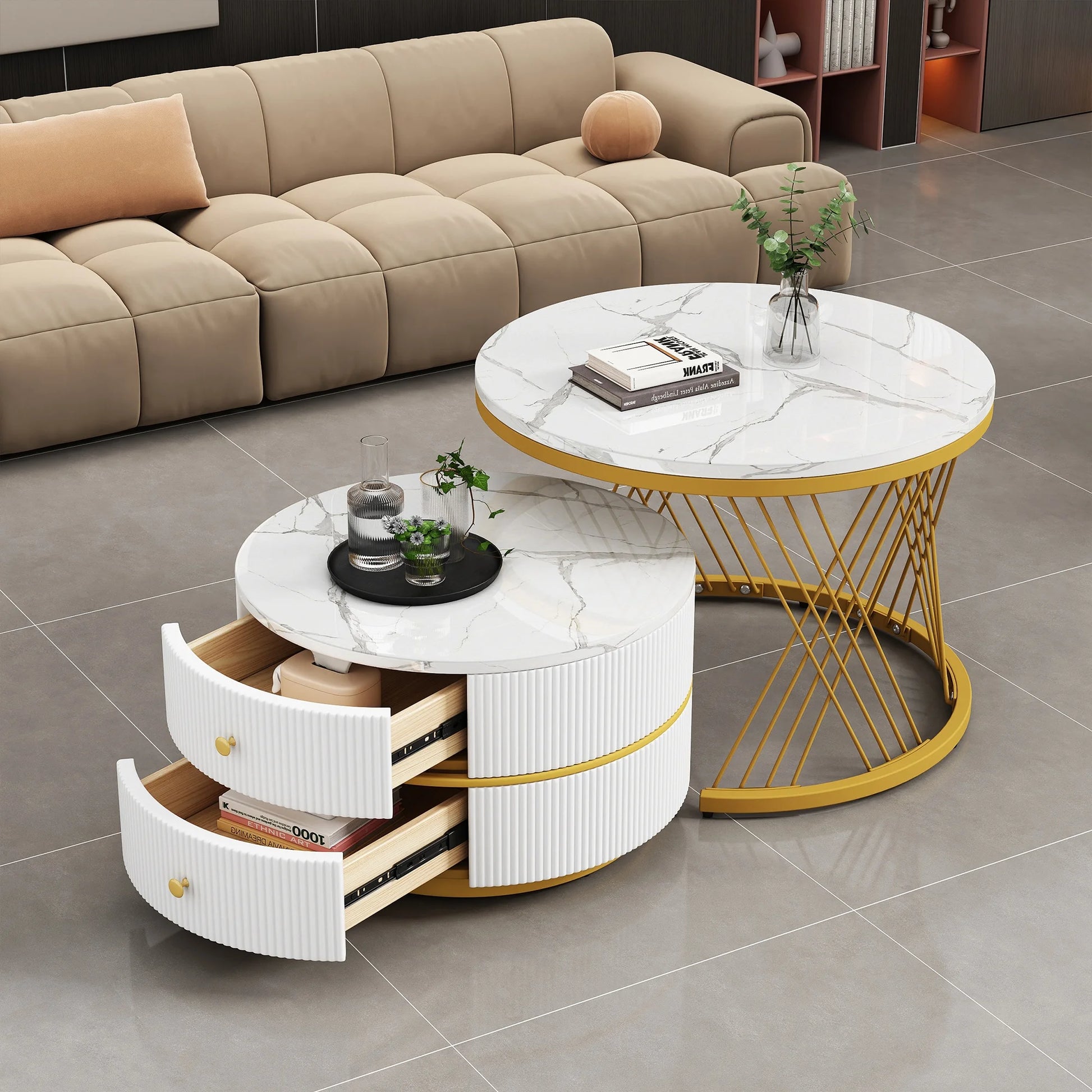 Salontafelset – Tafels – Salontafels – Woonkamertafels – Opbergtafels – Hoogglans Marmerlook – Twee Lades – Stevig Tot 30 Kg - Goud - QUORE