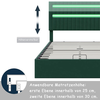 bedframe – tweepersoonsbed – jeugdbed – gastenbed – gestoffeerd bed – 160x200 cm – groene velvet stof – LED sfeerverlichting – USB oplaadpoort – opbergruimte