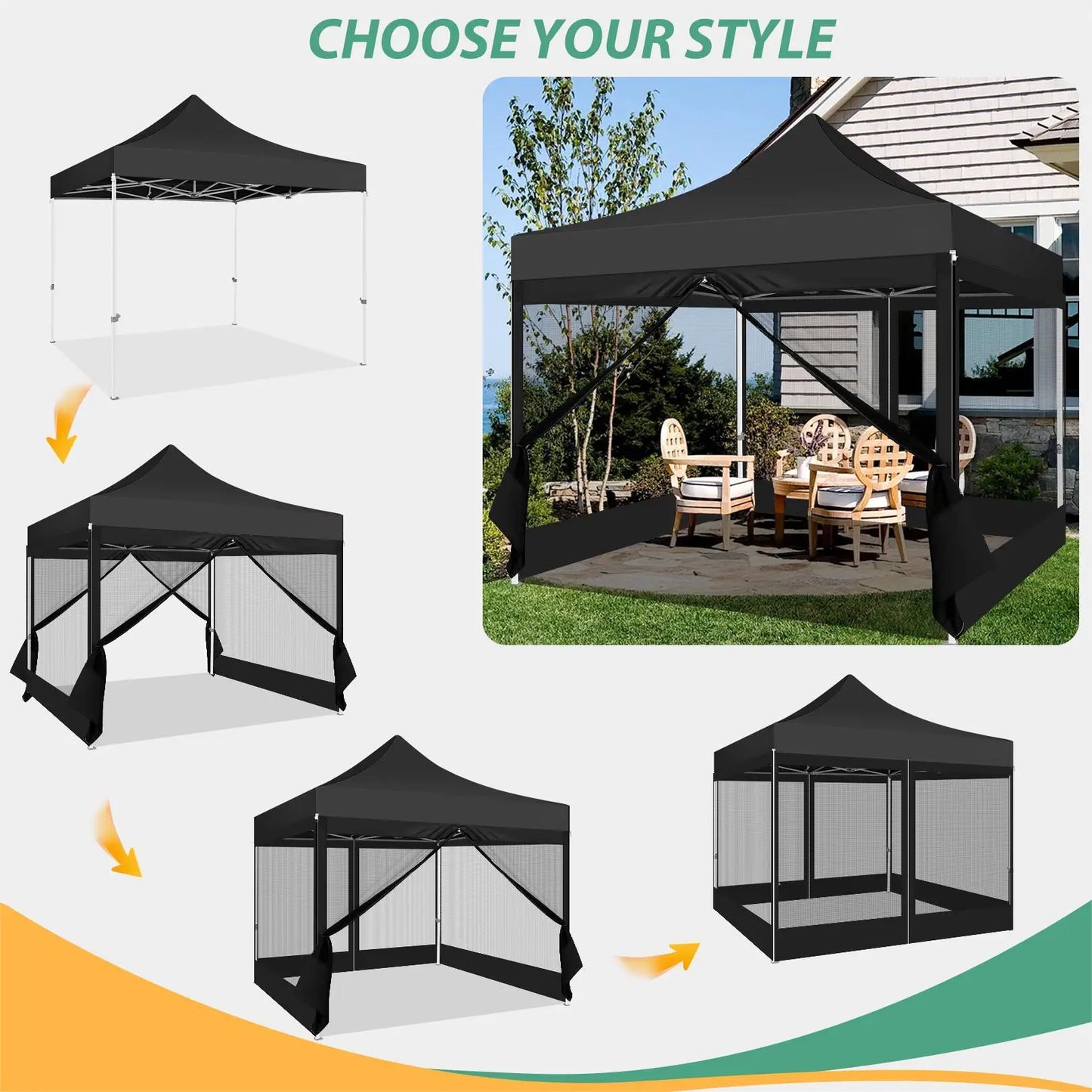 Opvouwbaar Tuinhuisje – Pop-Up Tent – Overkapping – Insectenbescherming – Waterdicht Oxford – Drie Verstelbare Hoogtes - Zwart - QUORE