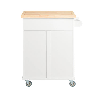 Keukentrolley – Serveertrolley – Werktafel – Keukenwagen – Opbergtrolley – Wit-Naturel – Rubberen Houten Werkblad – Verstelbare Opslagruimte - QUORE