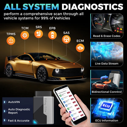 OBD Scanner - OBD2 - Diagnose Apparatuur voor Auto's - Auto Scanner - Auto uitlezen - All-System Diagnoseapparaat met 15 Resetservices - Bi-directioneel - Bluetooth 5.2 - CAN-FD - Lifetime Updates - met Kable