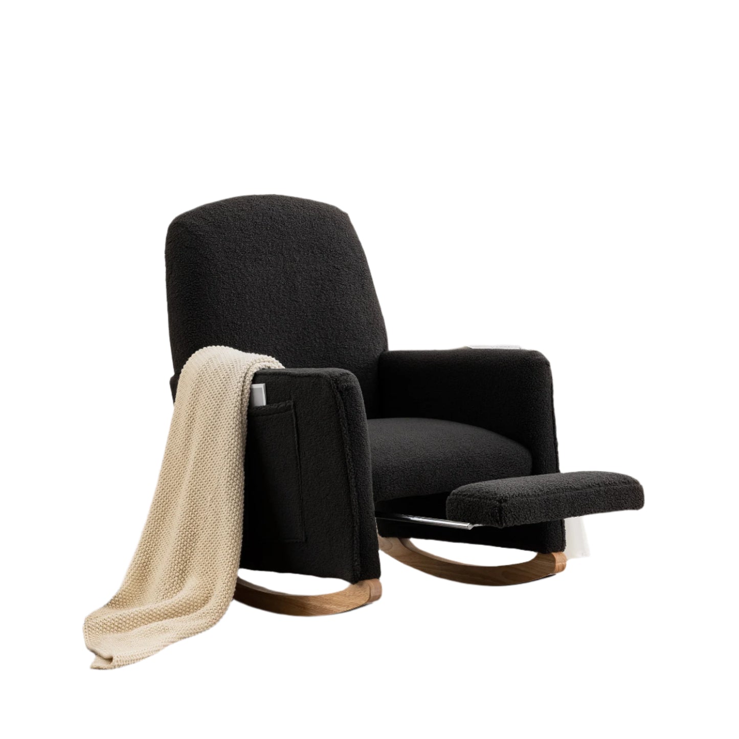 Schommelstoel – Relaxstoel – Wiegstoel – Loungechair – Teddypluche – Ergonomisch Design – Geïntegreerde Voetensteun - 67 x 126 x 98 cm - Zwart