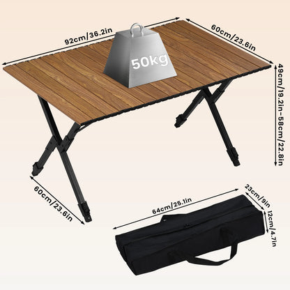 Campingtafel - Inklapbare Tafel - Klaptafel - Buiten Picknicktafel met Opbergtas - Opvouwbare - bbq Tafel - Verstelbare Hoogte - Lichtgewicht Tuin- en BBQ Tafel – Hout-look