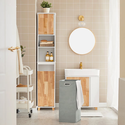 Hoge Badkamerkast – Badkamermeubel – Opbergkast – Wasmandkast – Waskast – Wit-Natuur – Inklapbare Wasmand – Stevige Rubberhouten Poten - QUORE