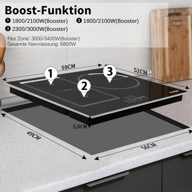Inductie kookplaat - Induction Hob - Induction Cook Top - Inductie Fornuis - Elektrische Brander - Inductiekookplaat met frame - 60 cm - 3 platen - 6800W - Flexzone voor grill - Schuifbediening - Touch Control - Kinderbeveiliging - Zwart