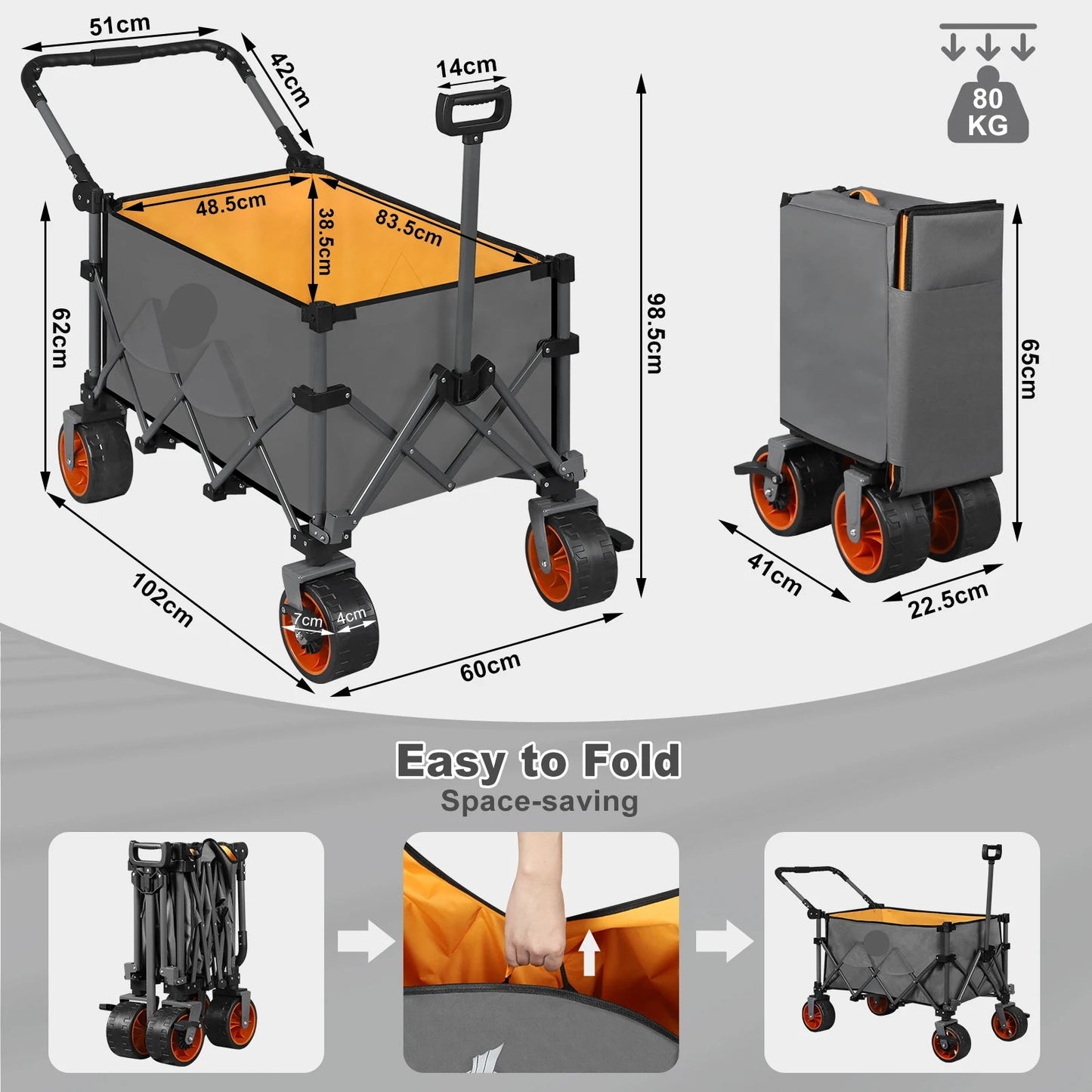Bolderkar - Transportkar - Handkar - Bolderkar Opvouwbaar - Bolderwagen - met Remmen en Draagtas - Bolderkarren - voor Strand, Tuin, Camping en Alle Terreinen - Donkergrijs met Oranje Accenten