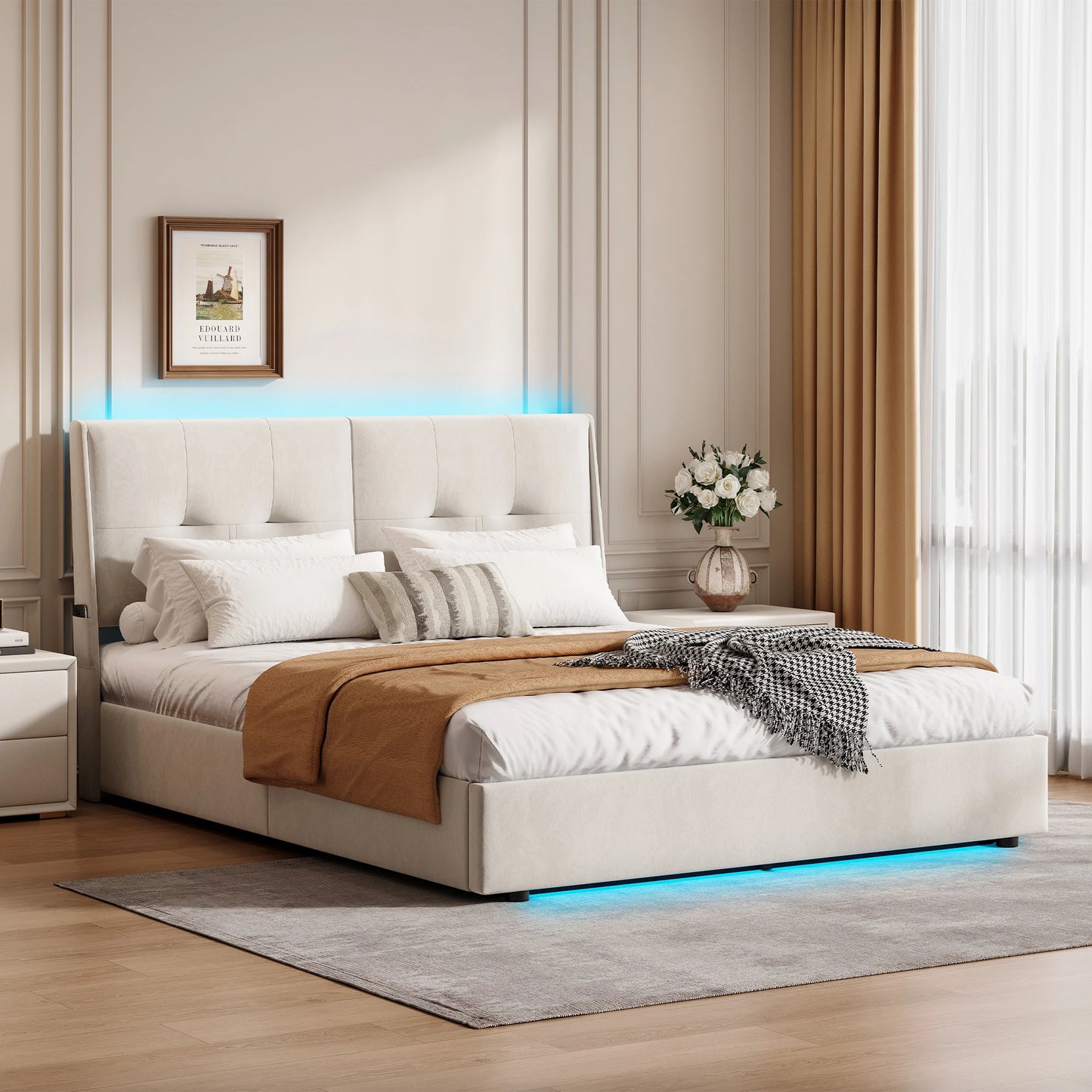 Led-bed – Gestoffeerd Bed – Tweepersoonsbed – Opbergbed – Lattenbodem – 140x200 cm – Met LED-verlichting en Opbergruimte