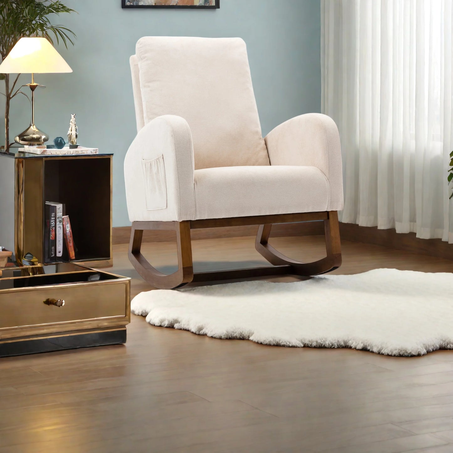 Schommelstoel – Schommelstoel Zonder Voetensteun – Relaxstoel – Woonkamerstoel – Velvet Rocking Chair Beige – Zachte Velvet Bekleding – Robuust Houten Frame