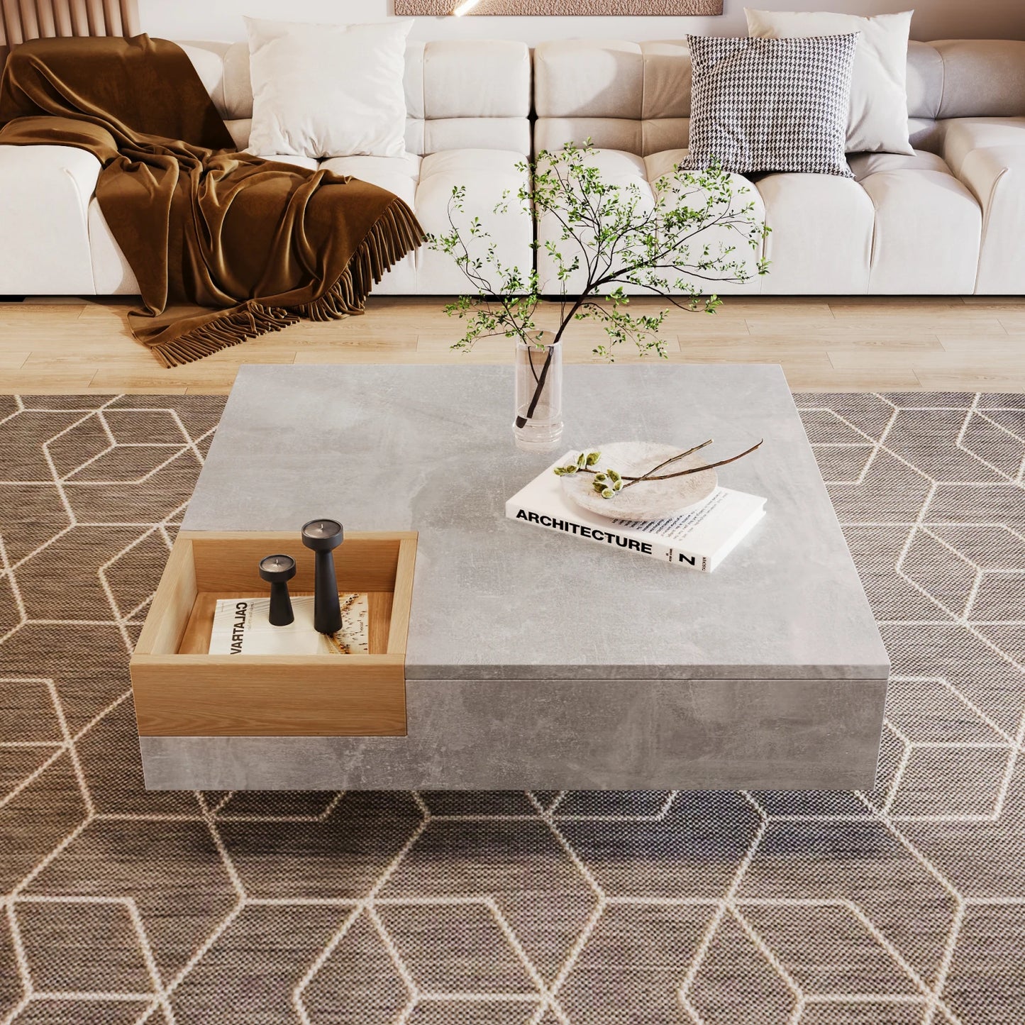 Salontafel – Koffietafel – Sofa Tafel – Bijzettafeltje – Woonkamertafel – Betonlook Tafelblad – Verwijderbare Opbergbox – 72x72x30 cm – Modern Minimalistisch Design