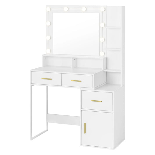 Dressing Table - Make-up Table - Dressing Table with Mirror and Lighting - Adjustable - Brightness - 10 LED - 1 Table Top - 2 Drawers - 1 Storage Compartment - 3 Shelves - 90x143x39.5 cm - White