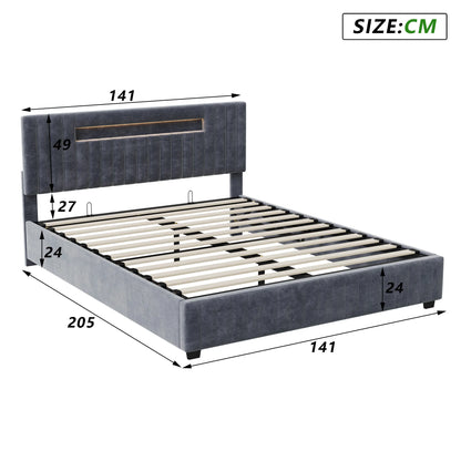 Gestoffeerd tweepersoonsbed – Tweepersoonsbed met opbergruimte – Bedframe – Slaapbed – Led-bed – Grijs Velvet – 160x200 cm – Ingebouwde LED-lichtbar – Gasdrukveer opbergruimte