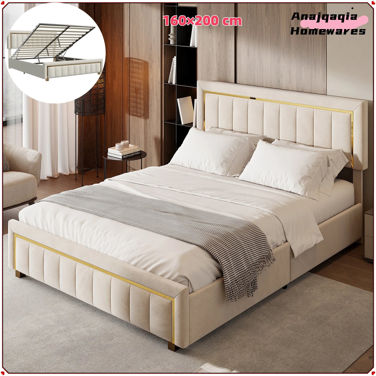 Tweepersoonsbed – Gestoffeerd Bed – Opbergbed – Velvet Bed – Slaapkamerbed – 160x200 cm – Hydraulische Opbergruimte – Luxe Off-White Velvet