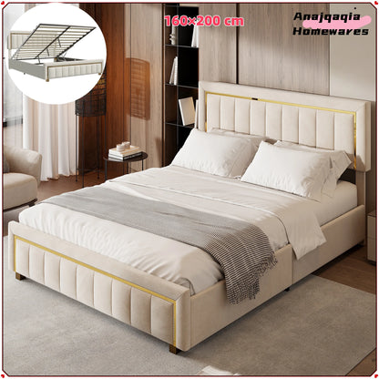 Tweepersoonsbed – Gestoffeerd Bed – Opbergbed – Velvet Bed – Slaapkamerbed – 160x200 cm – Hydraulische Opbergruimte – Luxe Off-White Velvet