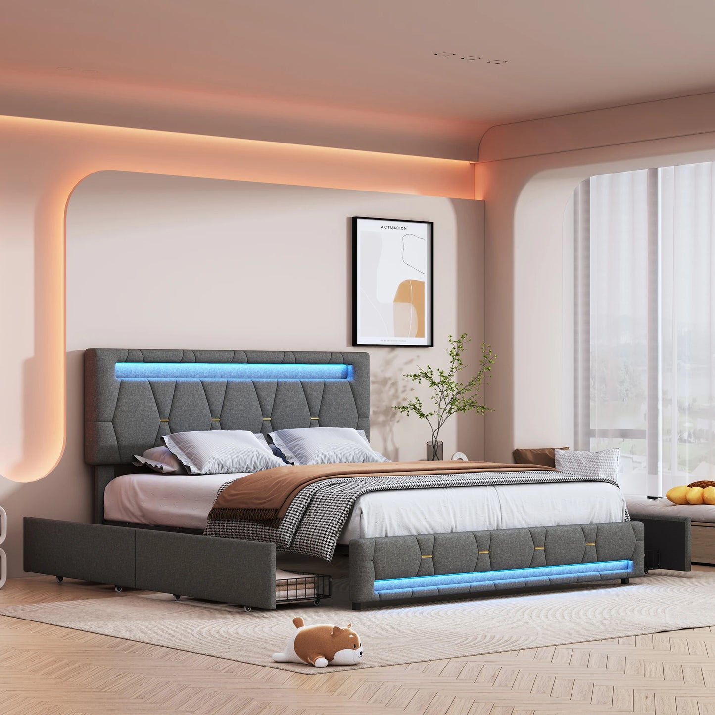 Bedframe – Gestoffeerd Bed – Tweepersoonsbed – Bedbank – Slaapbank – Grijs Linnen – 160x200 cm – 4 Ruime Lades – Verstelbaar Hoofdeinde