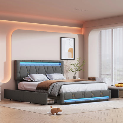 Bedframe – Gestoffeerd Bed – Tweepersoonsbed – Bedbank – Slaapbank – Grijs Linnen – 160x200 cm – 4 Ruime Lades – Verstelbaar Hoofdeinde