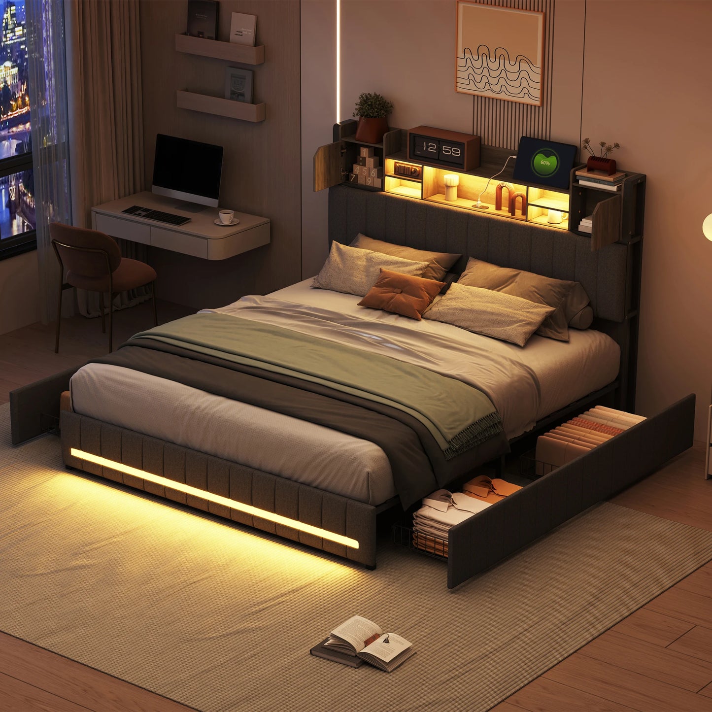 Tweepersoonsbed – Opbergbed – Led Bed – Bed met Lades – Linnen Bed – 140x190 cm – Ingebouwde LED-Verlichting en USB-Poorten