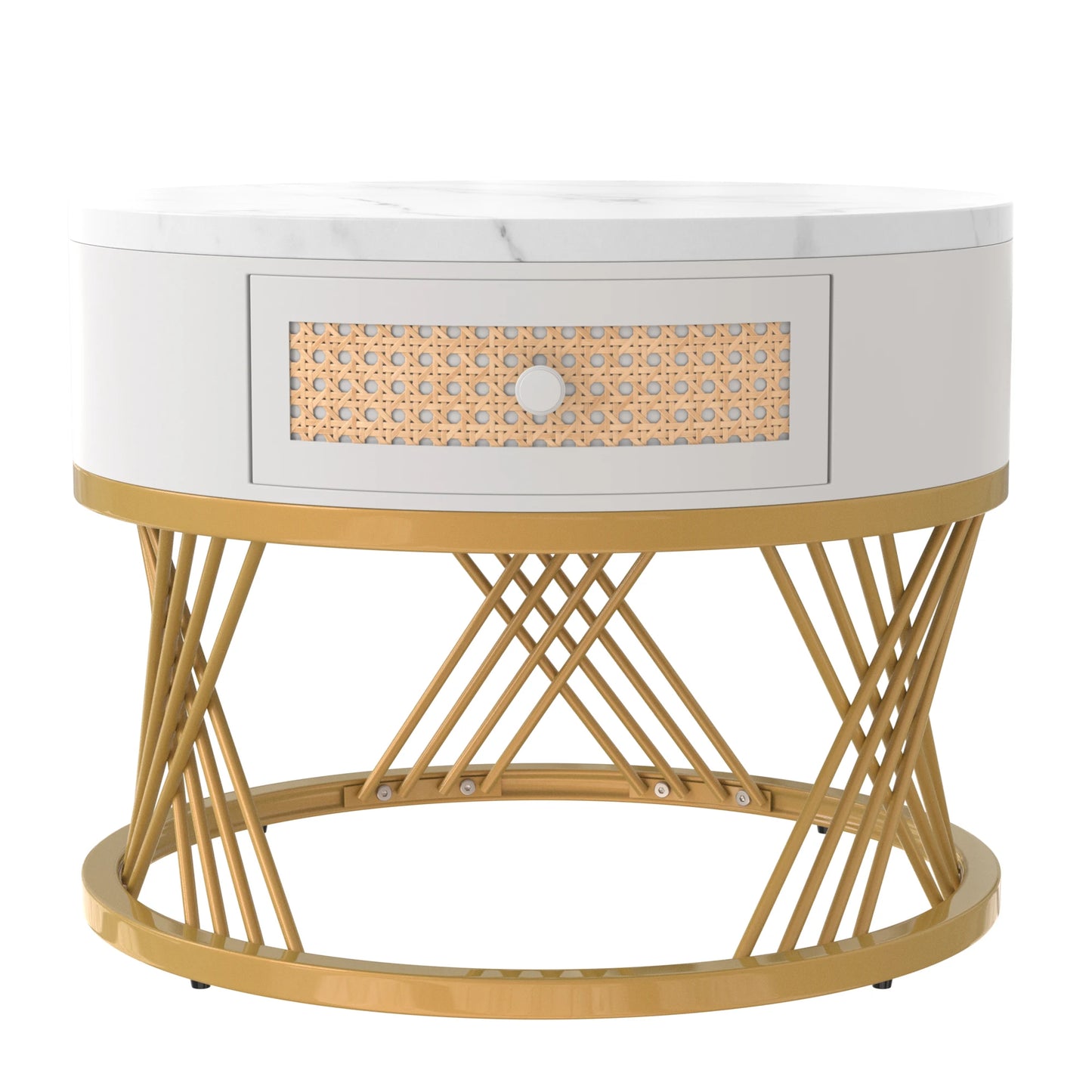 Salontafel Set – Bijzettafel – Ronde Tafel – Woonkamermeubel – MDF Marmerprint – Lade Opbergruimte – Metalen Gouden Pooten