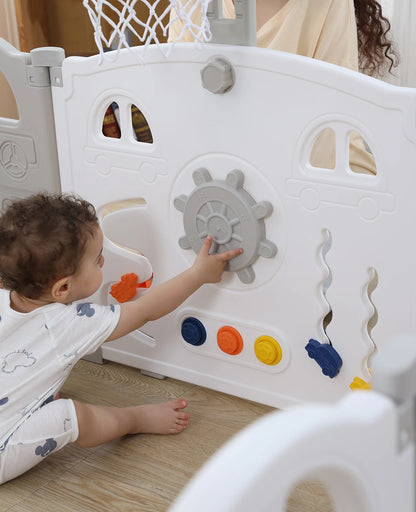 Baby Speelbox - Box Baby - Kinderbox - Metalen Speelbox - Opvouwbare - met Basketbalring - Inclusief Activiteitenwand en Sensorisch Speelgoed - Voor 7 Maanden tot 6 Jaar - Grijs-wit - QUORE