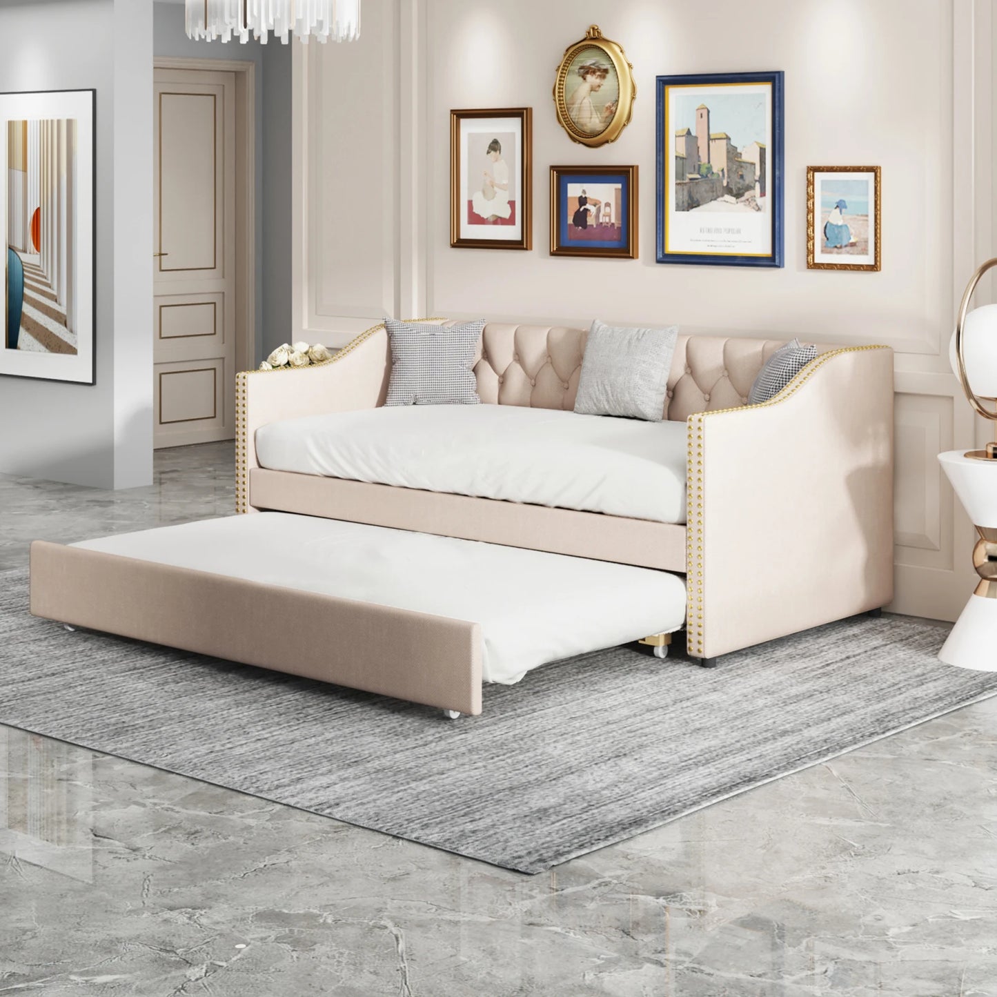 Slaapbankbed – Bedbank – Uitschuifbed – Sofa Bed – Logeerbed – Beige – Duurzame Linnen Bekleding – Stevige MDF Constructie met Lattenbodem 90x200 cm