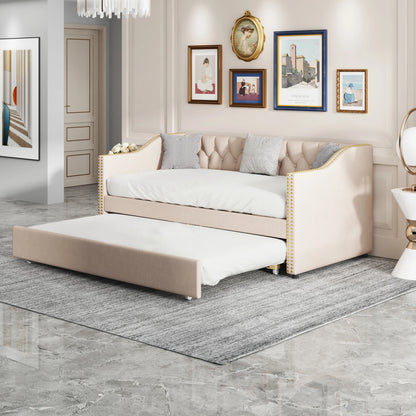Slaapbankbed – Bedbank – Uitschuifbed – Sofa Bed – Logeerbed – Beige – Duurzame Linnen Bekleding – Stevige MDF Constructie met Lattenbodem 90x200 cm