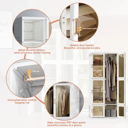 Rosahqnda Portable closet Dress Organizer Foldable Multi-purpose Cabinet living room Bedroom Wardrobe PP White