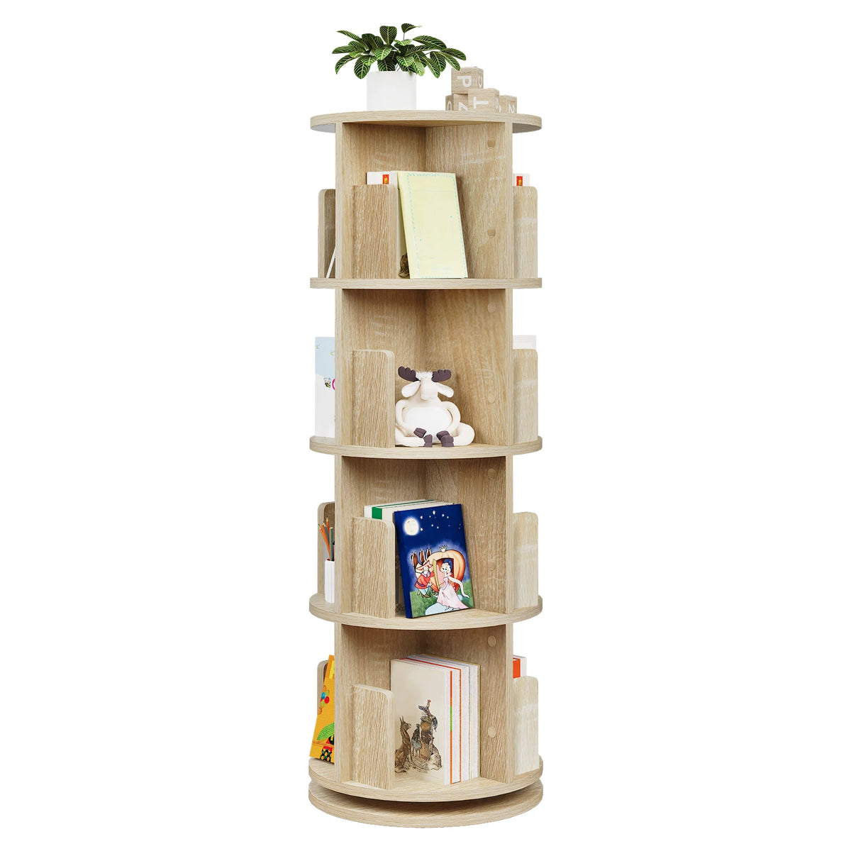 Boekenkasten - 4-Tier - Roterende Boekenplank - met 16 Compartimenten - voor Woonkamer - Kantoor - Kinderkamer - Organizer en Decoratie - 44 x 127,4 cm (φ x H) - Licht Eiken - QUORE