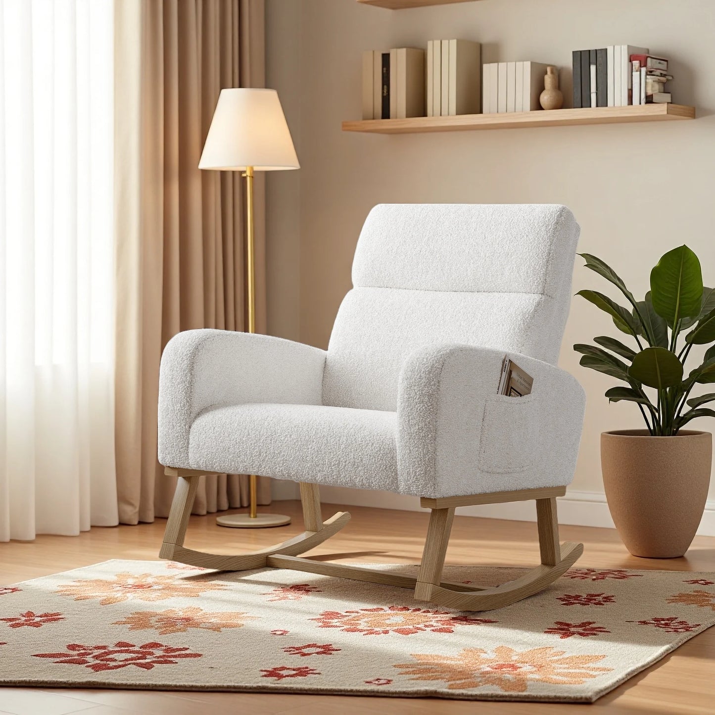 Schommelstoel – Relaxstoel – Fauteuil – Voedingsstoel – Loungestoel – Witte Teddy Velvet Bekleding – 5,5 cm Dikte Kussen – Houten Poten