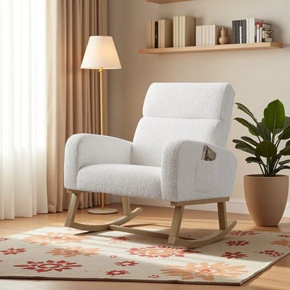 Schommelstoel – Relaxstoel – Fauteuil – Voedingsstoel – Loungestoel – Witte Teddy Velvet Bekleding – 5,5 cm Dikte Kussen – Houten Poten