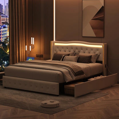 Tweepersoonsbed – Bed – Ledikant – Slaapbank – Opbergbed – 140x200 cm – Kunstleer Wit – LED-verlicht Hoofdbord – Vier Opberglades