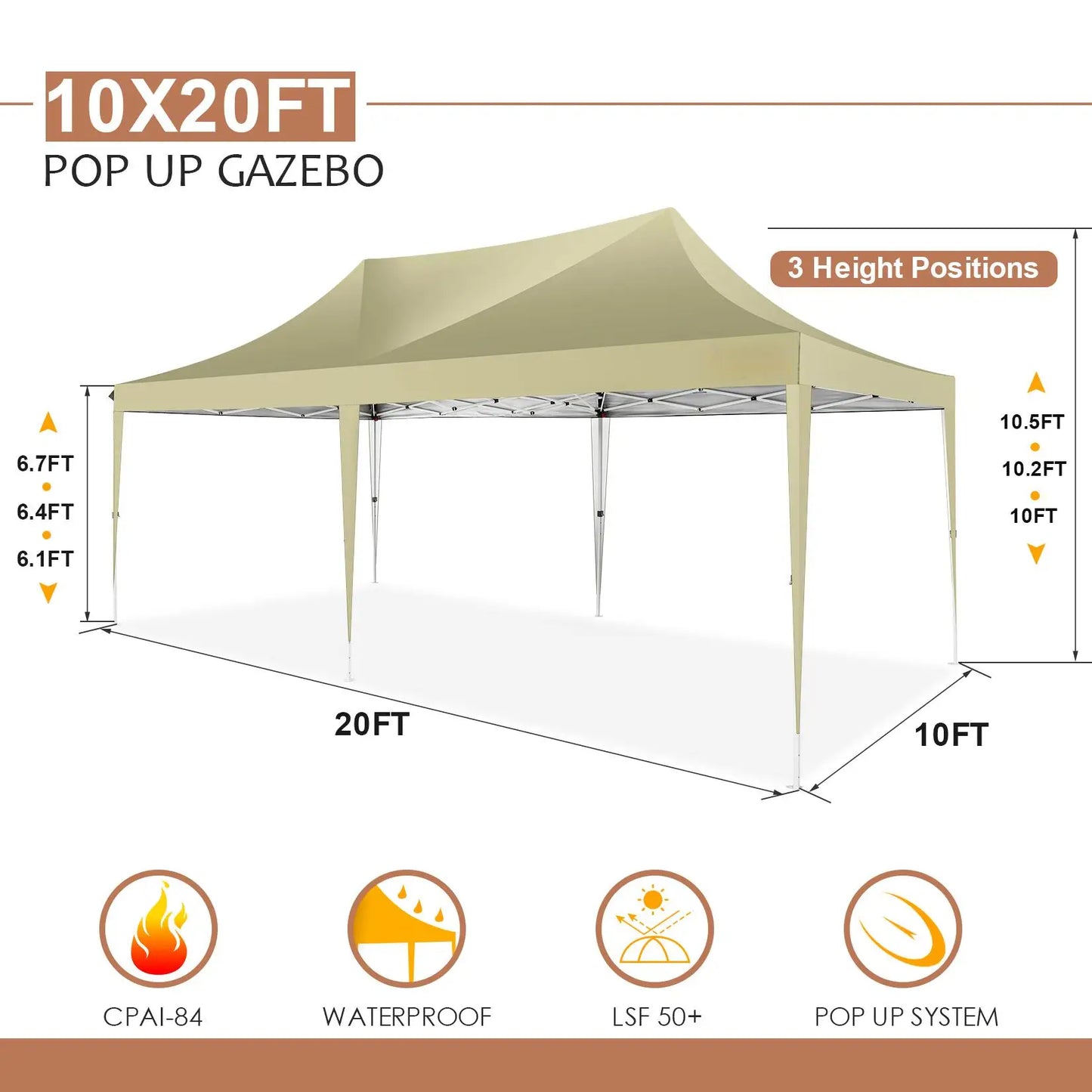 Tuinpaviljoen –  Paviljoen – Partytent – Opvouwbare Tent – Overdekt 18 m² – Waterdicht 210D Oxford – Verstelbaar Op 3 Hoogtes - 3x6m - Khaki