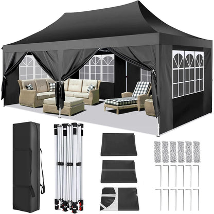 Paviljoen - Tuinpaviljoen - Partytent - Tuintent - Pop-up Kliksysteem - Stabiel - Vouwtent - met 6 Zijwanden - Opvouwbaar - Waterdicht - Winterbestendig - 50+UV-Bescherming - voor Tuin - Buiten - Achtertuin - 3 x 6 m - Zwart