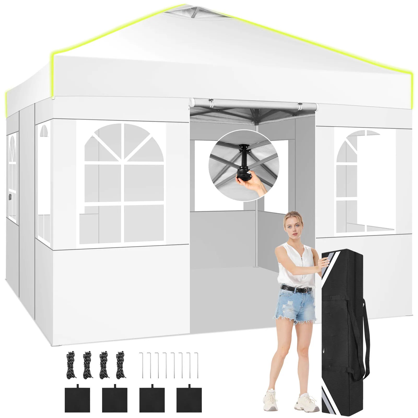 Partytent – Opzetbare Tent – Vouwtent – 3x3 Meter Partytent – Waterbestendig Oxford Doek – Verstelbare Hoogte - Wit - QUORE