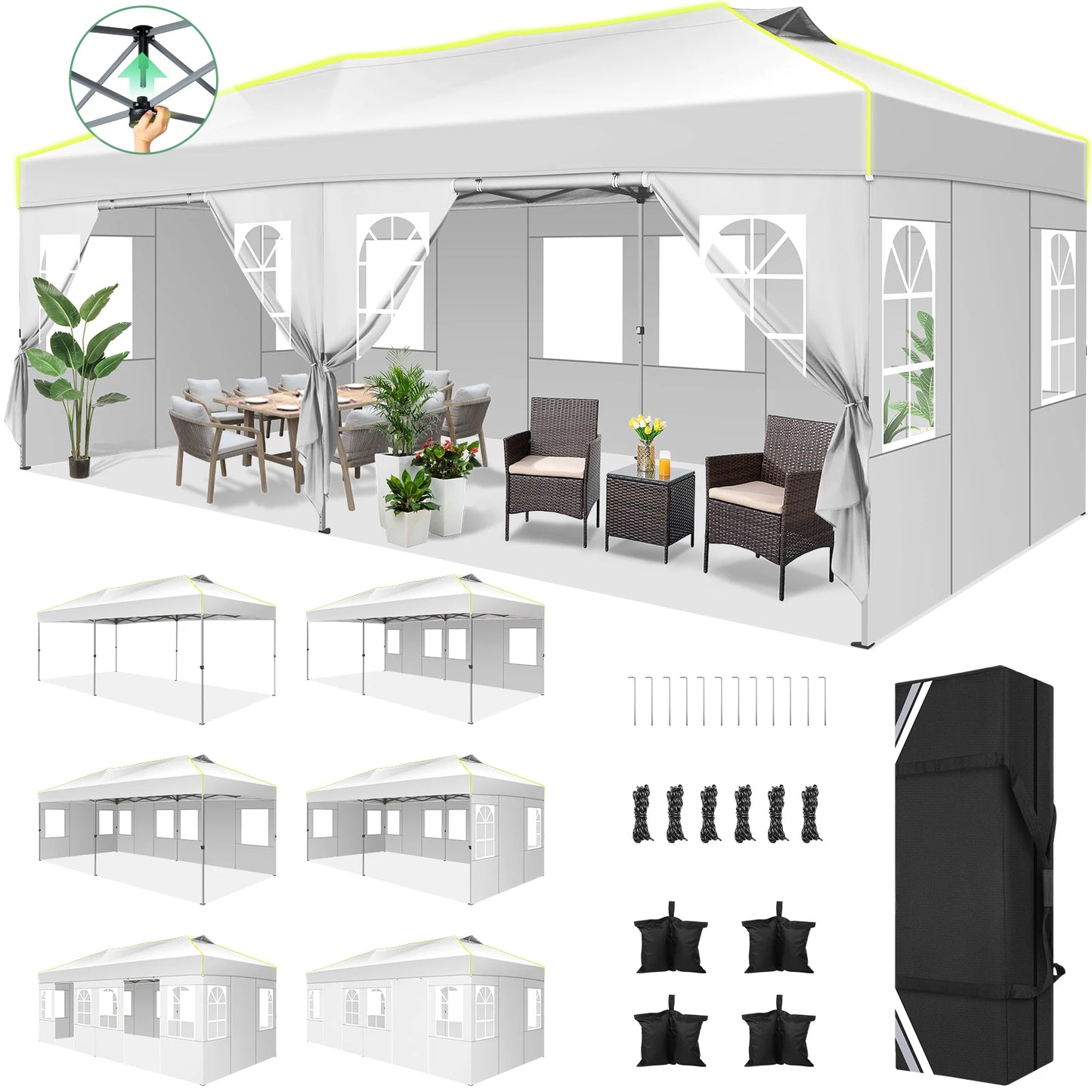 Tuinpaviljoen – Partytent – Prijstent – Inklapbare Feesttent – Tuinkamer – Overkapping – Waterdicht 210D Oxford Materiaal – UPF 50+ UV Bescherming - 3x6m - Wit - QUORE