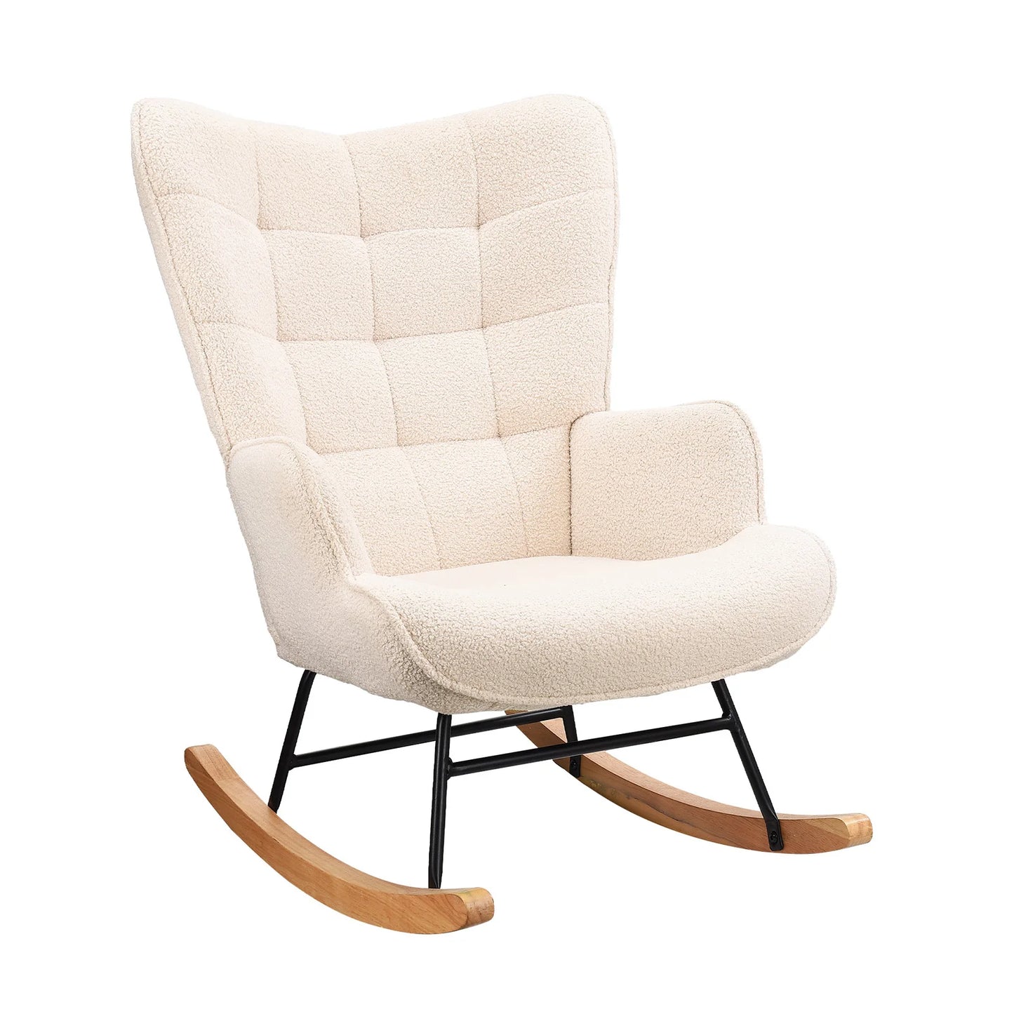 Schommelstoel – Relaxstoel – Wiegstoel – Schommelfauteuil – Loungefauteuil – Scandinavisch Design – Teddy Stof Bekleding – Metalen Frame & Houten Poten – 150 kg Draagkracht – Beige Kleur - QUORE