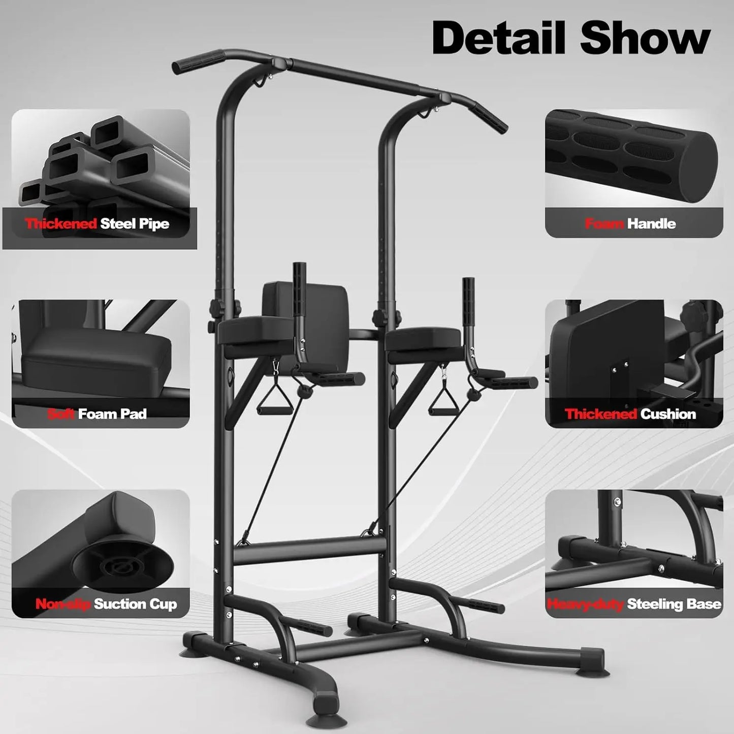 Power Tower - Pull Up Station - Bar - Rack - Dip - Push Up - Multifunctionele - Inclusief Weerstandsbanden - Verstelbaar - Oefening Abdominale Oefeningen - voor Thuis Gym Krachttraining - Zwart - QUORE