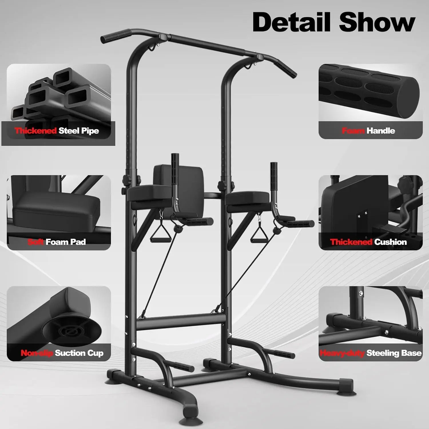 Power Tower - Pull Up Station - Bar - Rack - Dip - Push Up - Multifunctionele - Inclusief Weerstandsbanden - Verstelbaar - Oefening Abdominale Oefeningen - voor Thuis Gym Krachttraining - Zwart - QUORE