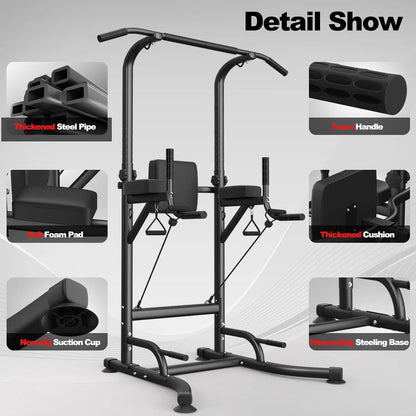 Power Tower - Pull Up Station - Bar - Rack - Dip - Push Up - Multifunctionele - Inclusief Weerstandsbanden - Verstelbaar - Oefening Abdominale Oefeningen - voor Thuis Gym Krachttraining - Zwart - QUORE