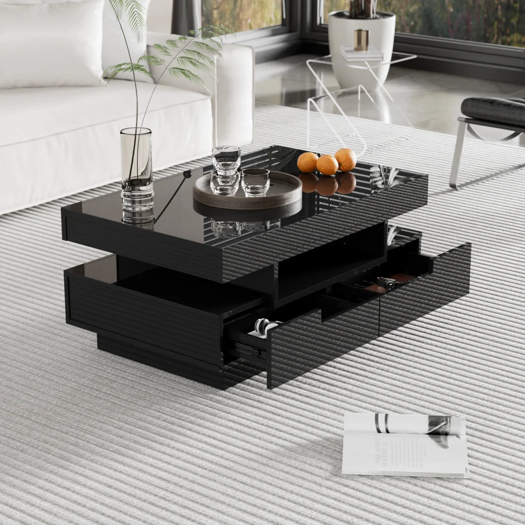 Salontafel – Bijzettafel – Nachtkastje – LED Lage Tafel – Hoogglans – LED-Strip Met Kleurinstelling – Vier Verborgen Lades - 80x50x36 cm - Zwart