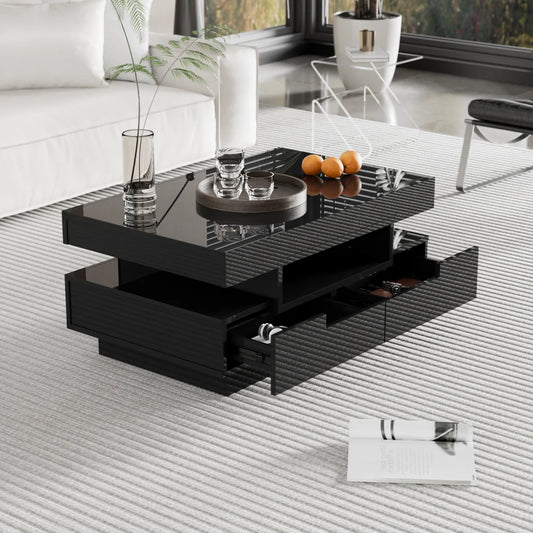 Salontafel – Bijzettafel – Nachtkastje – LED Lage Tafel – Hoogglans – LED-Strip Met Kleurinstelling – Vier Verborgen Lades - 80x50x36 cm - Zwart