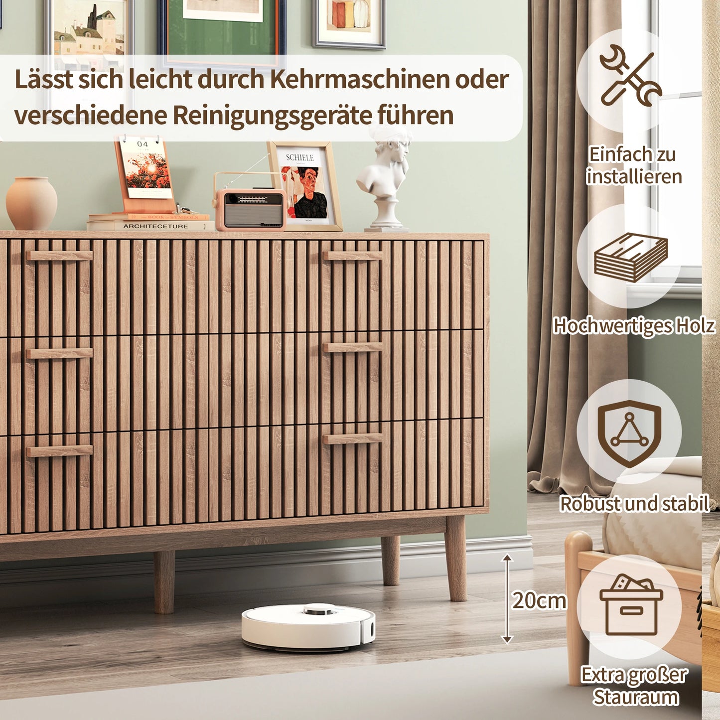 Ladekast – Dressoir – Kledingkast – Opbergkast – Ladenkast – Wit Met Verticale Houtnerf – 4 Ruime Lades – Stevig Houten Poten