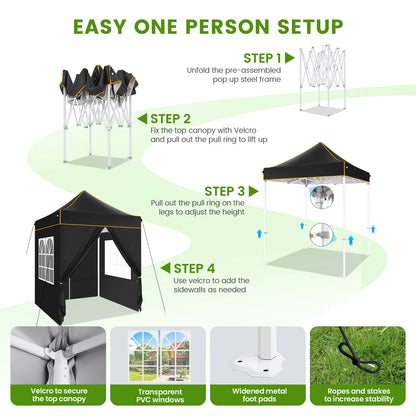 Partytent –  Pop-Up Luifel – Zonnescherm – Overkapping – Tuinpaviljoen – Waterdicht Oxford Doek – Verstelbare Hoogte - 2 x 2 Meter - Zwart