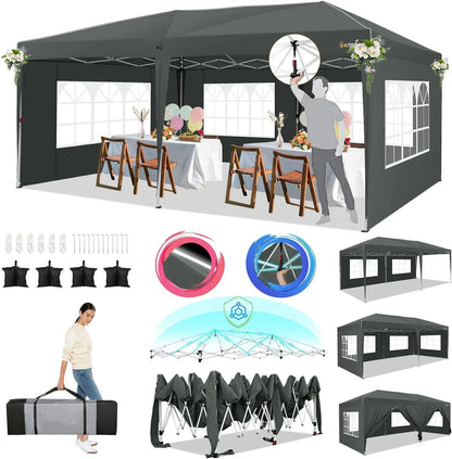 Pop-Up Partytent – Pop-Up Tent – Gazebo – Evenemententent – Feesttent – Waterdichte Oxford-Kap – 3x6 Meter – Met 6 Afneembare Zijwanden - Grijs - QUORE