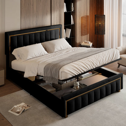 Rosahqnda Padded Platform bed with Hydraulic Storage System, Double Bed frame Modern Box Spring bed Without Mattress