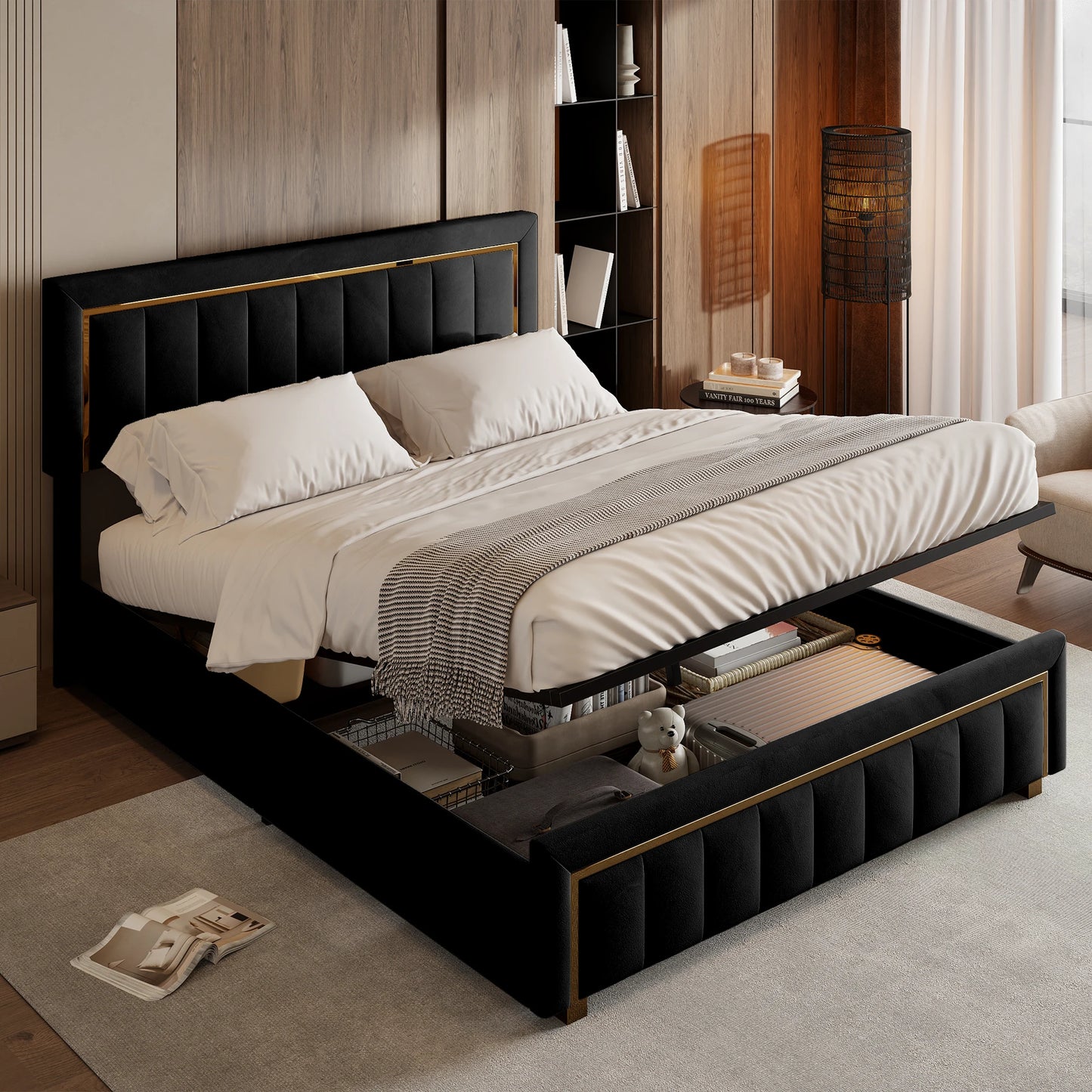 Bedframe – Platformbed – Tweepersoonsbed – Gestoffeerd Bed – Opbergbed – Zwart – 140x200 cm – Hydraulische Opbergruimte – Stevig Metaal & MDF Frame